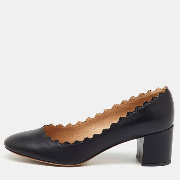 Chloe Black Leather Lauren Scallop Trim Block Heel Pumps Size 36.5